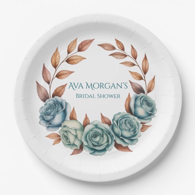Teal Roses and Copper Leaves Bridal Shower Paper Plates (Front)