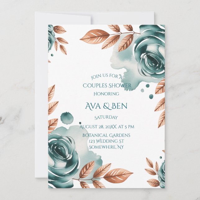 Teal Roses and Copper Leaves Couples Shower Invitation (Front)