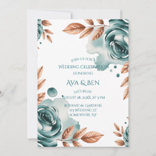 Teal Roses and Copper Leaves Wedding Celebration Invitation
