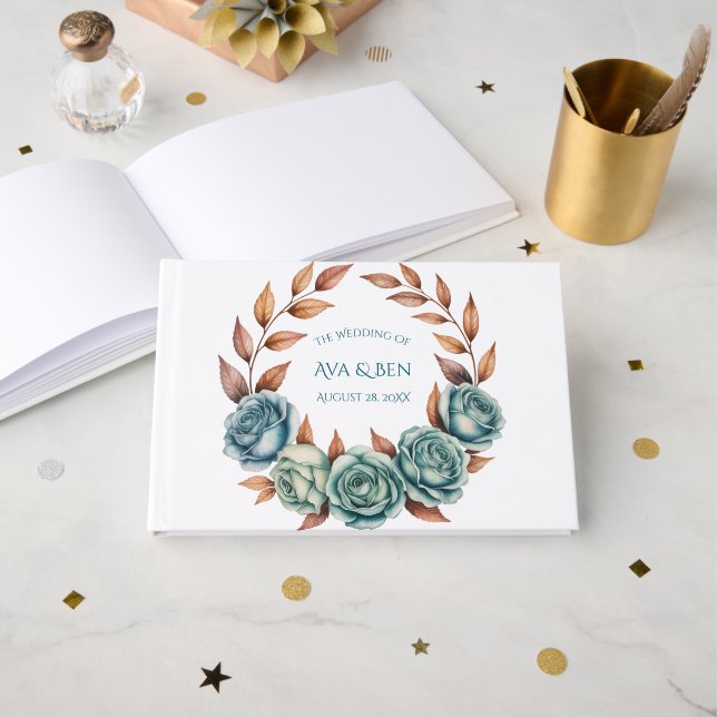 Teal Roses and Copper Leaves Wedding Guest Book (Front Open)