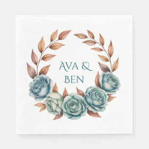 Teal Roses and Copper Leaves Wedding Napkins