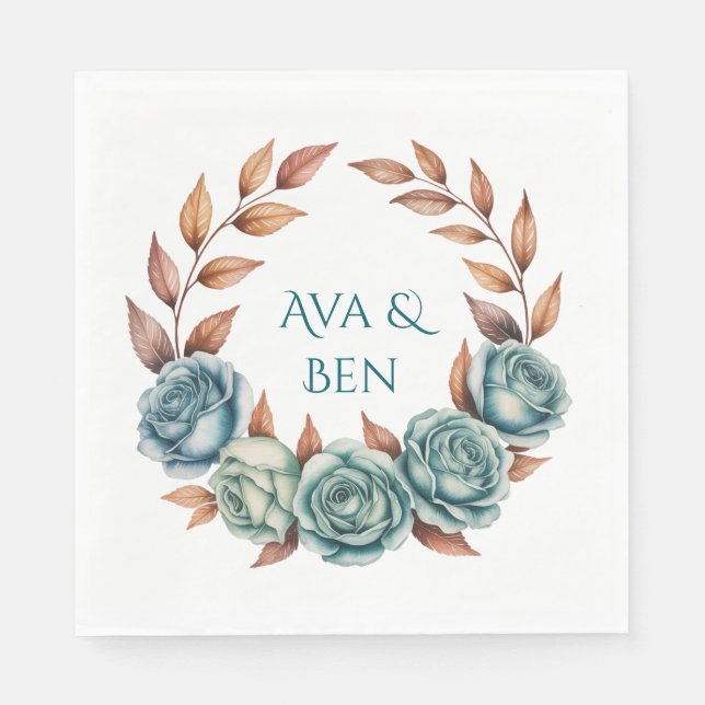 Teal Roses and Copper Leaves Wedding Napkins (Front)