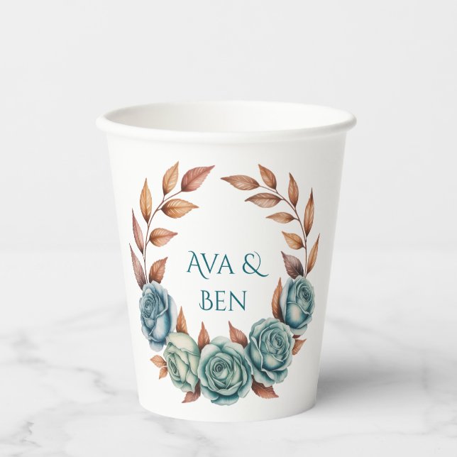 Teal Roses and Copper Leaves Wedding Paper Cups (Front)