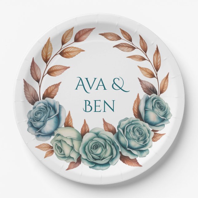 Teal Roses and Copper Leaves Wedding Paper Plates (Front)