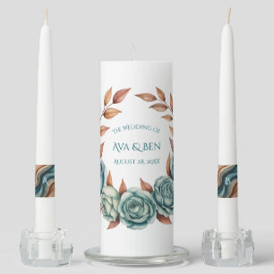 Teal Roses and Copper Leaves Wedding Unity Candle Set