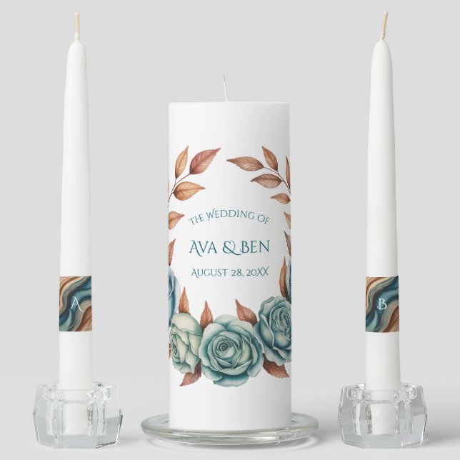 Teal Roses and Copper Leaves Wedding Unity Candle Set (Front)