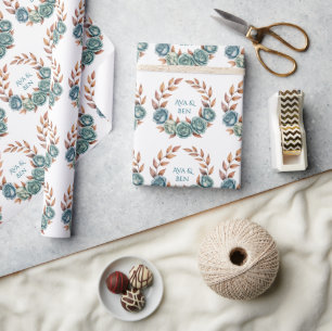 Teal Roses and Copper Leaves Wedding Wrapping Paper