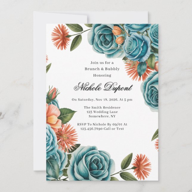 Teal Roses and Orange Floral Brunch & Bubbly Invitation (Front)