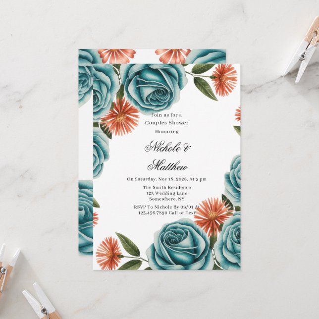 Teal Roses and Orange Floral Couples Shower Invitation (Front/Back In Situ)