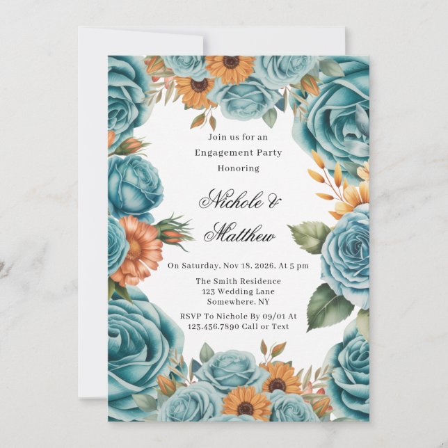 Teal Roses and Orange Floral Engagement Party Invitation (Front)