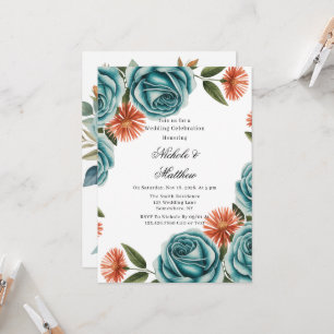 Teal Roses and Orange Floral Wedding Celebration Invitation