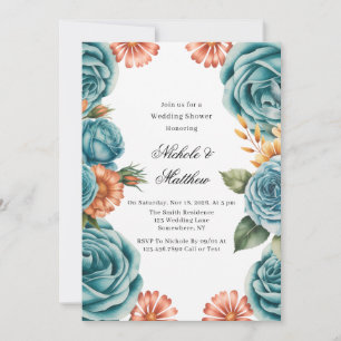 Teal Roses and Orange Floral Wedding Shower Invitation