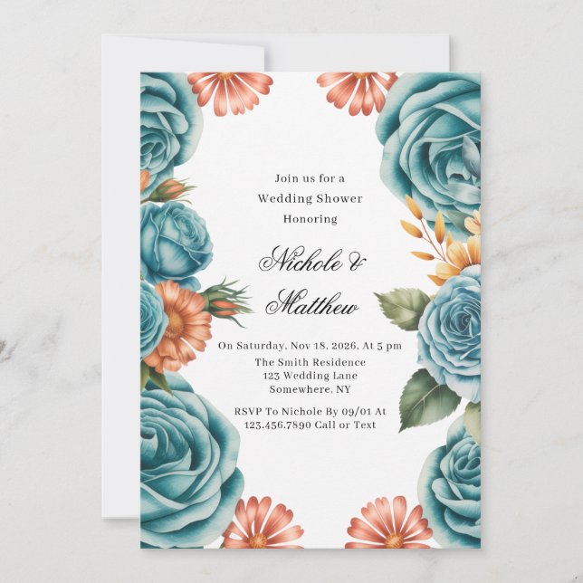 Teal Roses and Orange Floral Wedding Shower Invitation (Front)