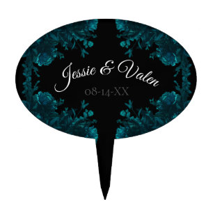 Teal Roses Black Gothic Wedding Cake Topper