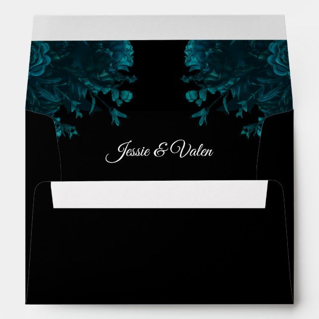 Teal Roses Black Gothic Wedding Envelope (Back (Bottom))