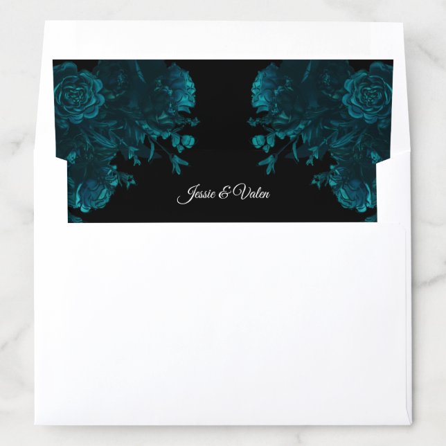 Teal Roses Black Gothic Wedding Envelope Liner (In Envelope)