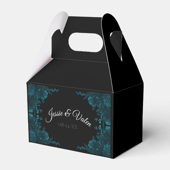 Teal Roses Black Gothic Wedding Gable Favor Boxes (Front Side)