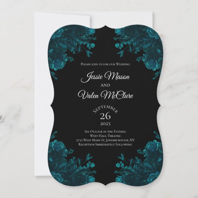 Teal Roses Black Gothic Wedding Invitation (Front)