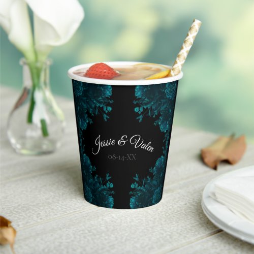 Teal Roses Black Gothic Wedding Paper Cups