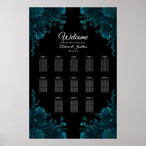 Teal Roses Black Gothic Wedding Seating Chart