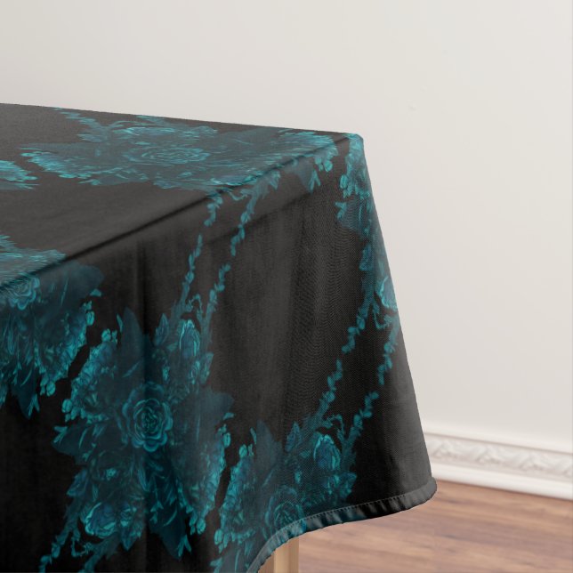 Teal Roses Black Gothic Wedding Tablecloth (In Situ)