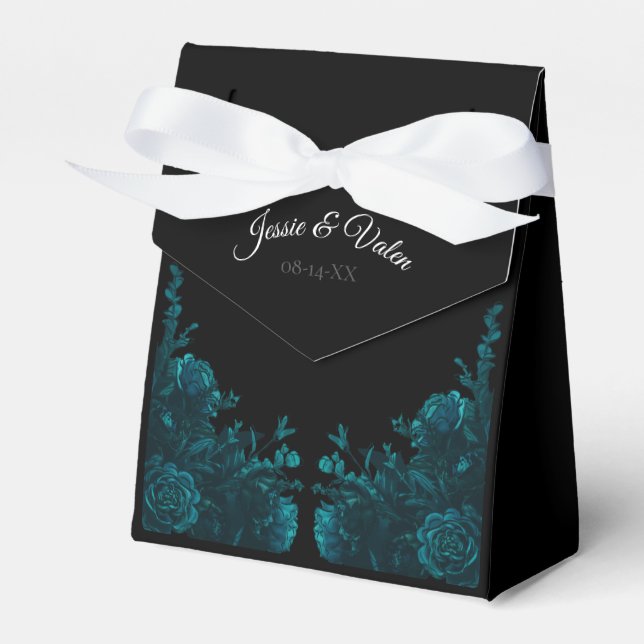 Teal Roses Black Gothic Wedding Tent Favor Boxes (Front Side)