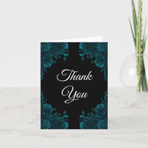 Teal Roses Black Gothic Wedding Thank You Card