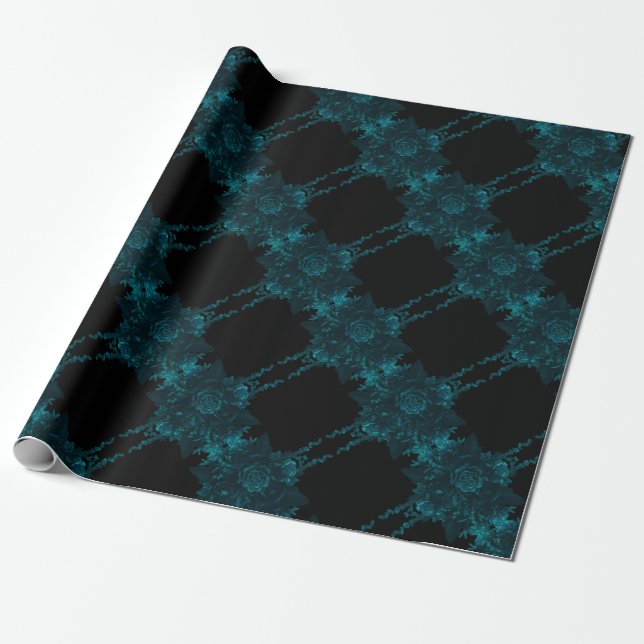 Teal Roses Black Gothic Wedding Wrapping Paper (Unrolled)