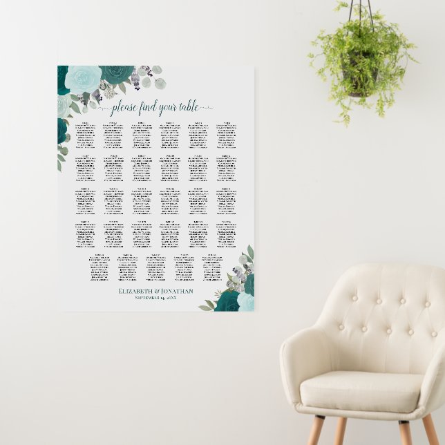 Teal Roses Elegant 29 Table Wedding Seating Chart Foam Board (In Situ (Wall))