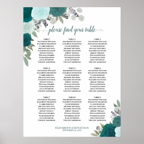 Teal Roses Elegant 9 Table Wedding Seating Chart