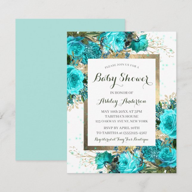 Teal Roses Floral Baby Shower Invitation (Front/Back)