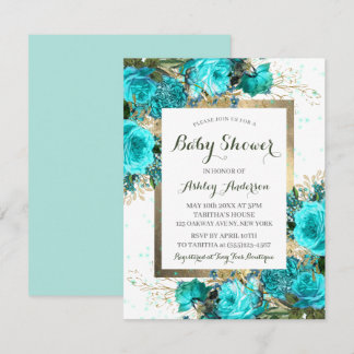 Teal Roses Floral Baby Shower Invitation
