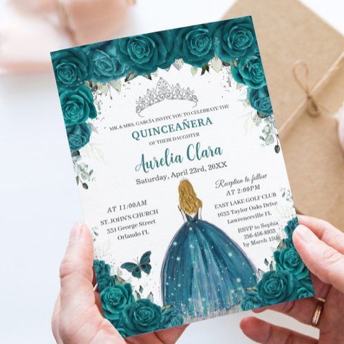 Teal Roses Floral Blonde Princess Quinceanera 16th Invitation