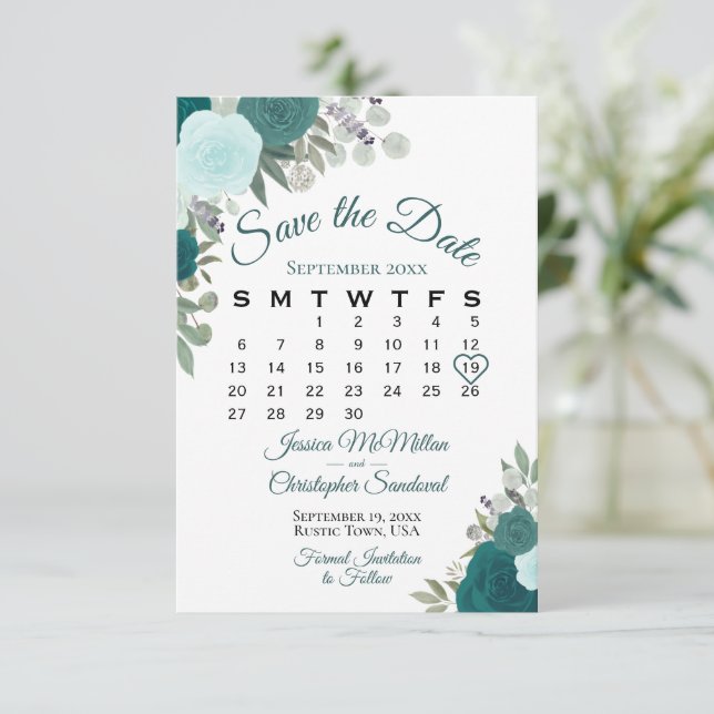 Teal Roses Floral Elegant Boho Wedding Calendar Save The Date (Standing Front)