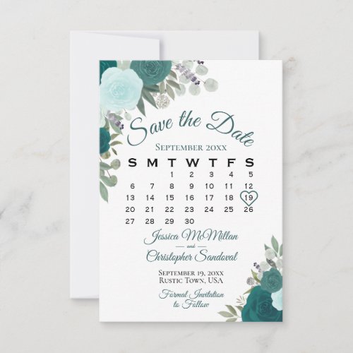 Teal Roses Floral Elegant Boho Wedding Calendar Save The Date