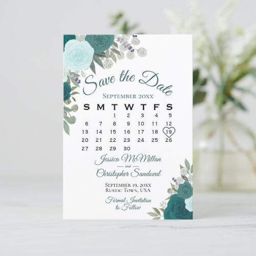 Teal Roses Floral Elegant Boho Wedding Calendar Save The Date