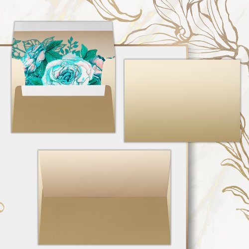 Teal Roses Gold Romance Wedding Envelope