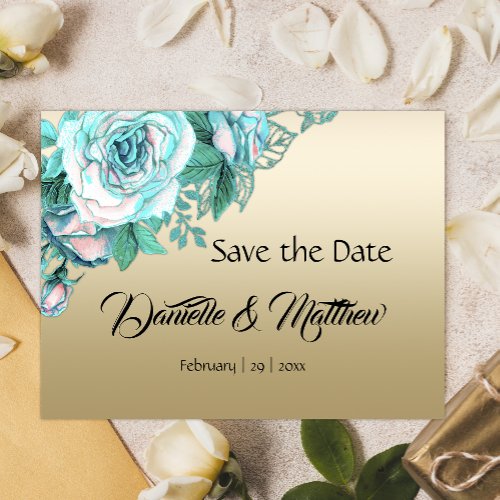Teal Roses on Gold Wedding Save the Date Announcement Postcard