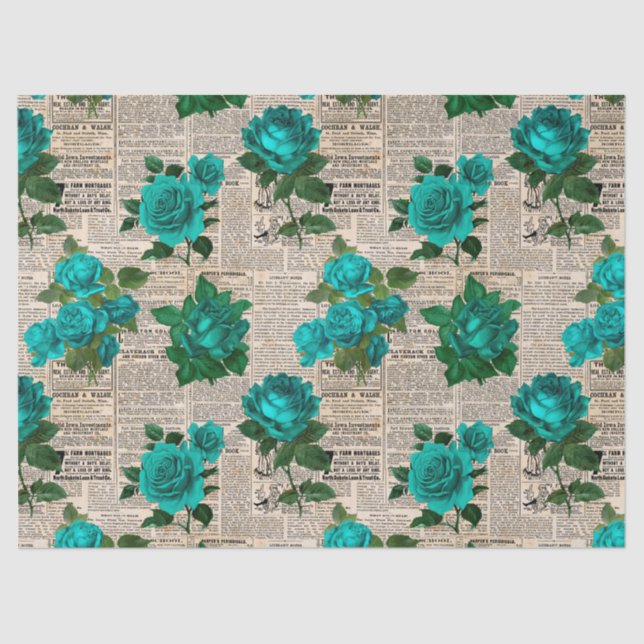 Teal Roses on Vintage Newsprint Decoupage Tissue Paper (Front)