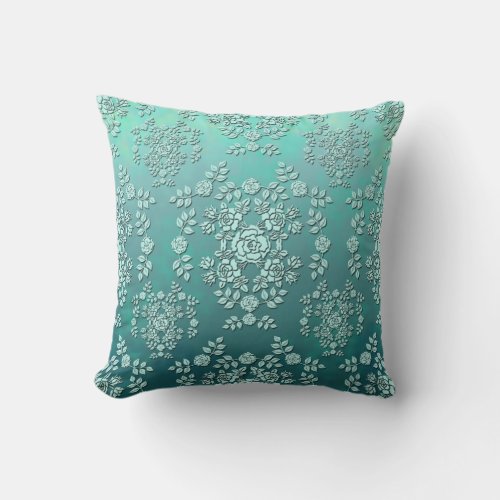 Teal Roses Vintage Style Damask Pattern Throw Pillow