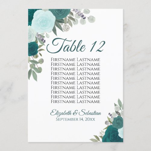 Teal Roses Wedding Seating Chart Table Card Large