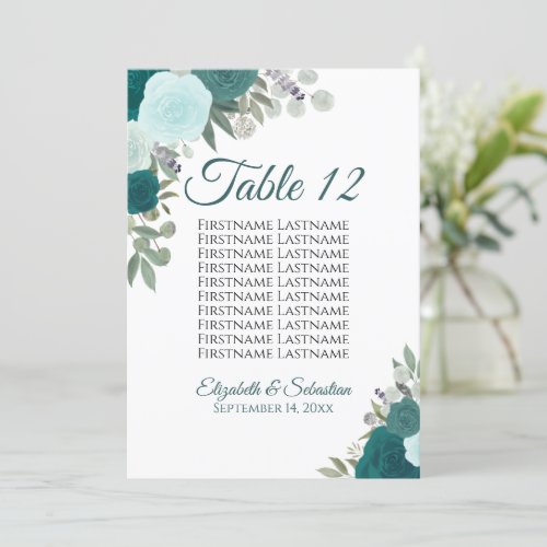 Teal Roses Wedding Seating Chart Table Card Large