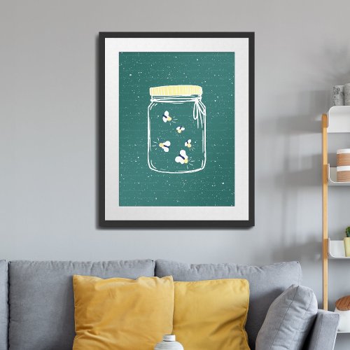 Teal Rough Sketch Fireflies in Mason Jar Poster