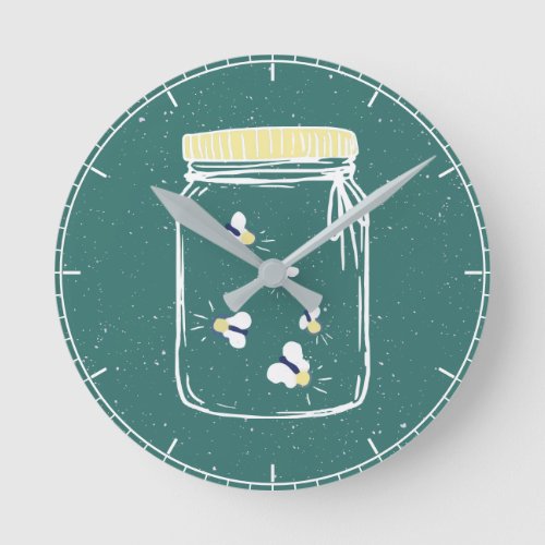 Teal Rough Sketch Fireflies in Mason Jar Round Clock