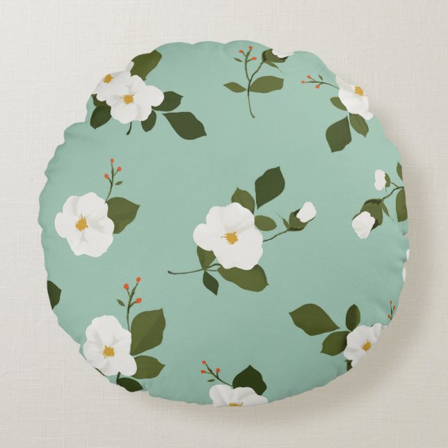 Teal Round Floral Accent Pillow (Front)