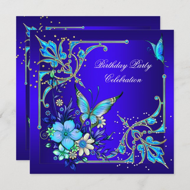 Teal Royal Blue Butterfly Birthday Party Invitation (Front/Back)