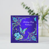 Teal Royal Blue Butterfly Birthday Party Invitation (Standing Front)
