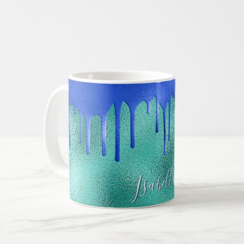 Teal royal blue green drips metallic name  coffee mug
