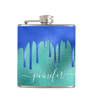 Teal royal blue green drips metallic name  flask