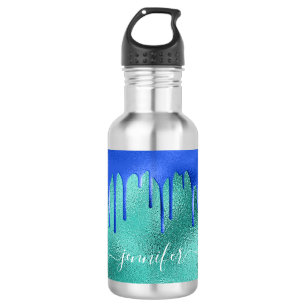 Teal royal blue green drips name stainless steel water bottle